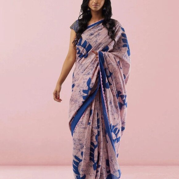 Elegant Jaipur Cotton Saree in Pink and Blue | Muvvas Boutique - Picture 4 of 4
